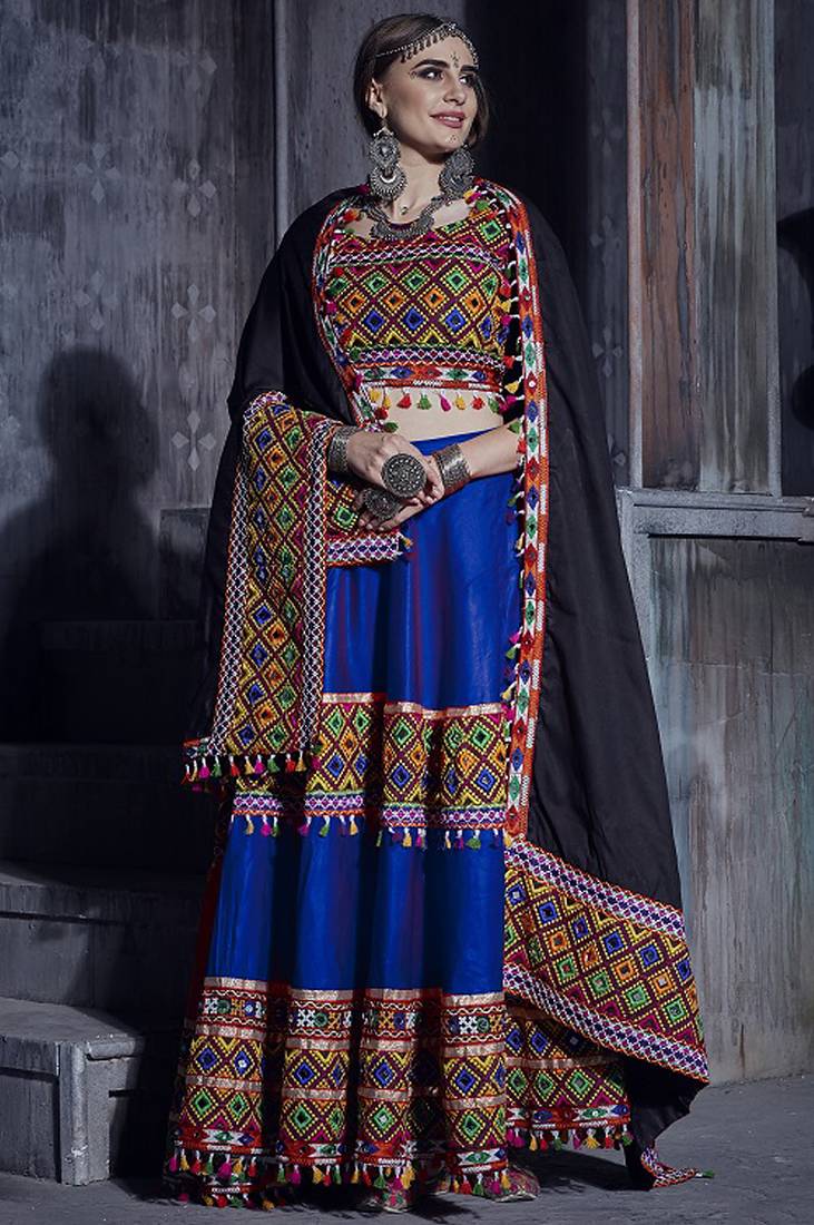 Blue Art Silk Gamthi Butta Mirror With Lace Work Chaniya Choli
