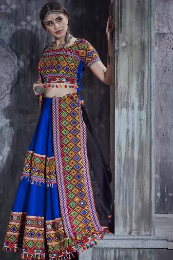 Blue Art Silk Gamthi Butta Mirror With Lace Work Chaniya Choli