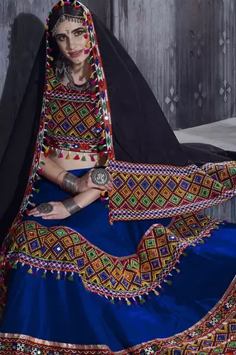 Blue Art Silk Gamthi Butta Mirror With Lace Work Chaniya Choli