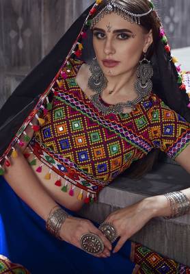 Blue Art Silk Gamthi Butta Mirror With Lace Work Chaniya Choli 4