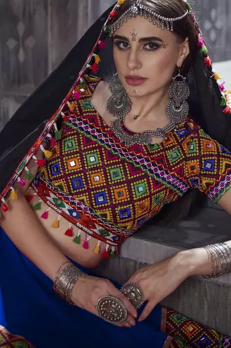 Blue Art Silk Gamthi Butta Mirror With Lace Work Chaniya Choli