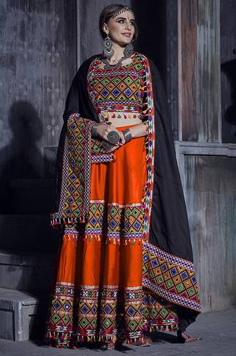 Orange Art Silk Gamthi Butta Mirror With Lace Work Chaniya Choli
