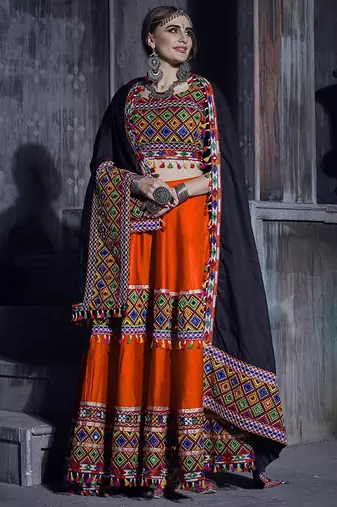 Orange Art Silk Gamthi Butta Mirror With Lace Work Chaniya Choli
