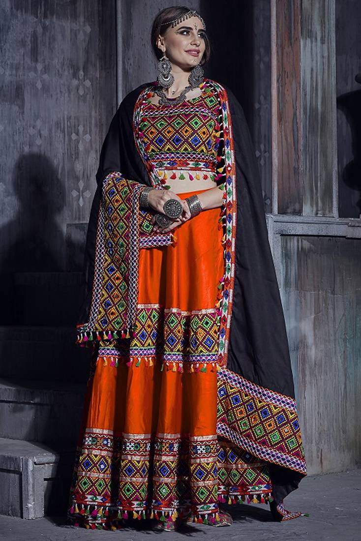 Orange Art Silk Gamthi Butta Mirror With Lace Work Chaniya Choli