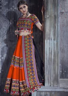 Orange Art Silk Gamthi Butta Mirror With Lace Work Chaniya Choli 2