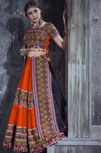 Orange Art Silk Gamthi Butta Mirror With Lace Work Chaniya Choli