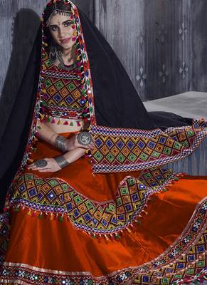 Orange Art Silk Gamthi Butta Mirror With Lace Work Chaniya Choli 3