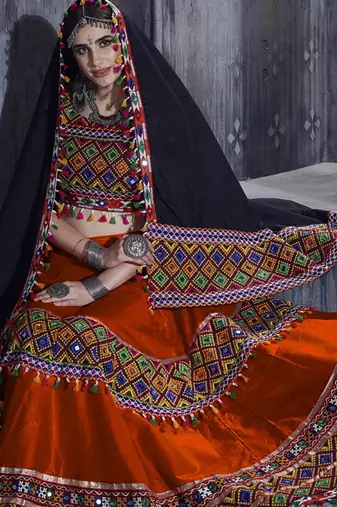 Orange Art Silk Gamthi Butta Mirror With Lace Work Chaniya Choli