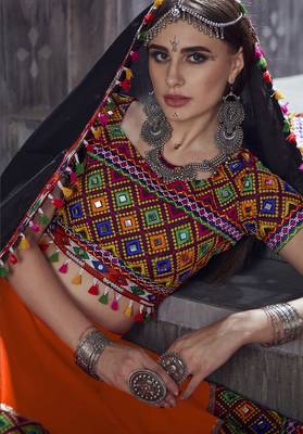 Orange Art Silk Gamthi Butta Mirror With Lace Work Chaniya Choli 4