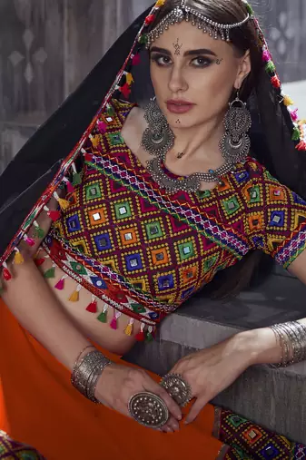 Orange Art Silk Gamthi Butta Mirror With Lace Work Chaniya Choli