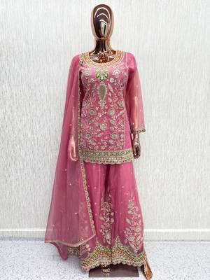 Pink dola silk full stitched free size palazzo suits upto 44 2
