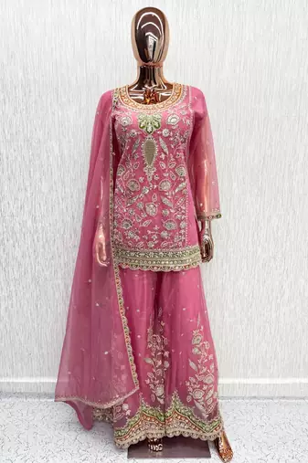 Pink dola silk full stitched free size palazzo suits upto 44