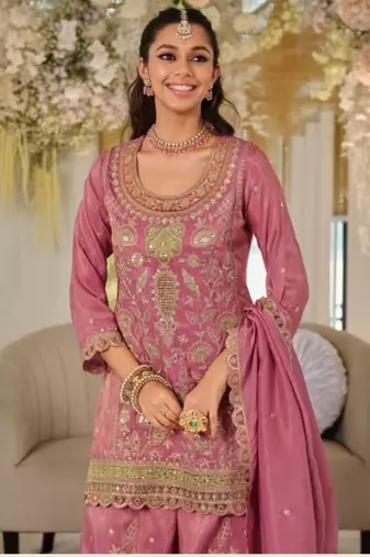 Pink dola silk full stitched free size palazzo suits upto 44