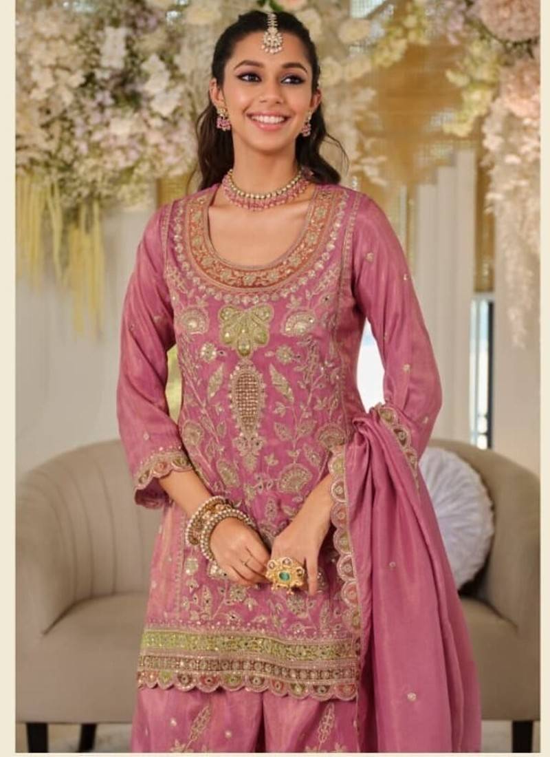 Pink dola silk full stitched free size palazzo suits upto 44