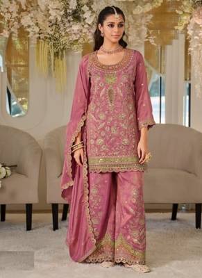Pink dola silk full stitched free size palazzo suits upto 44 1