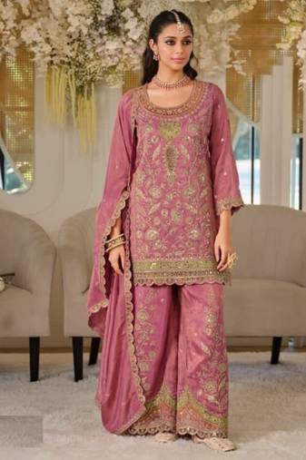 Pink dola silk full stitched free size palazzo suits upto 44