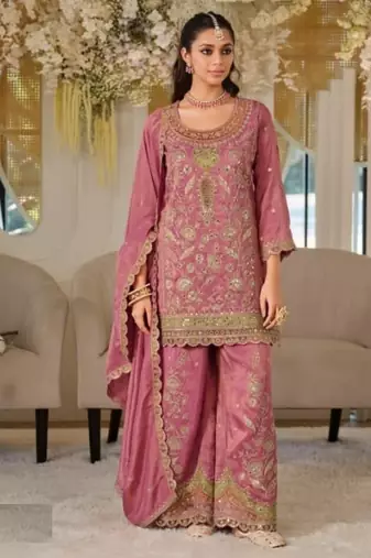Pink dola silk full stitched free size palazzo suits upto 44