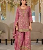 Pink dola silk full stitched free size palazzo suits upto 44
