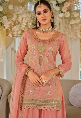 Peach dola silk full stitched free size palazzo suits upto 44 1
