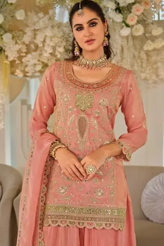 Peach dola silk full stitched free size palazzo suits upto 44