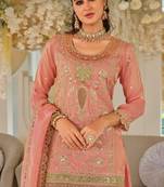 Peach dola silk full stitched free size palazzo suits upto 44