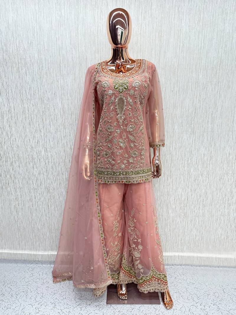 Peach dola silk full stitched free size palazzo suits upto 44