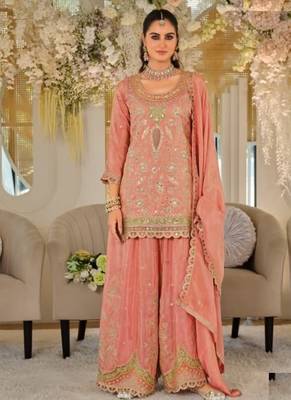 Peach dola silk full stitched free size palazzo suits upto 44 3