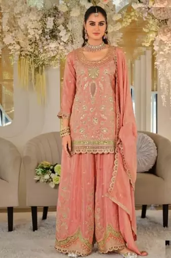 Peach dola silk full stitched free size palazzo suits upto 44