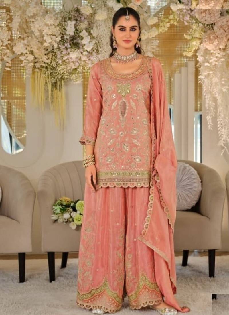 Peach dola silk full stitched free size palazzo suits upto 44