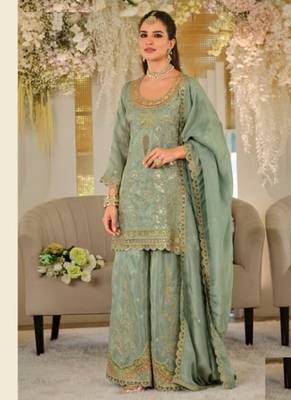 Green dola silk full stitched free size palazzo suits upto 44 1