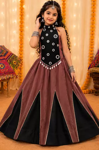 Girls brown & black chaniya choli for navratri in premium roman silk with fully flared