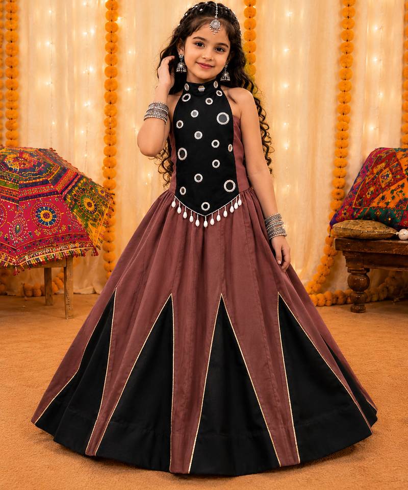 Girls brown & black chaniya choli for navratri in premium roman silk with fully flared