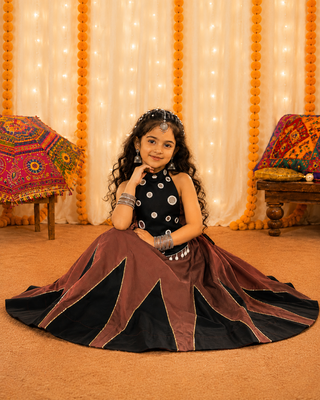 Girls brown & black chaniya choli for navratri in premium roman silk with fully flared 2