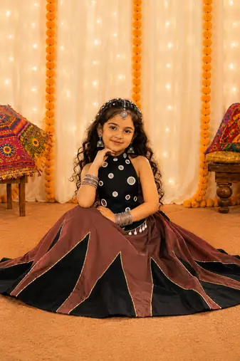 Girls brown & black chaniya choli for navratri in premium roman silk with fully flared