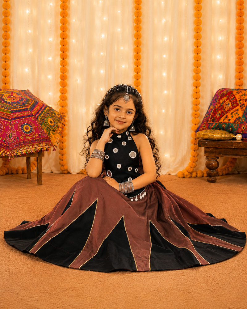 Girls brown & black chaniya choli for navratri in premium roman silk with fully flared