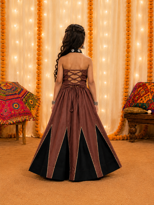 Girls brown & black chaniya choli for navratri in premium roman silk with fully flared 3