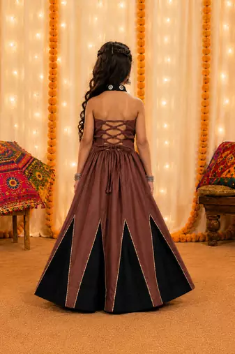 Girls brown & black chaniya choli for navratri in premium roman silk with fully flared