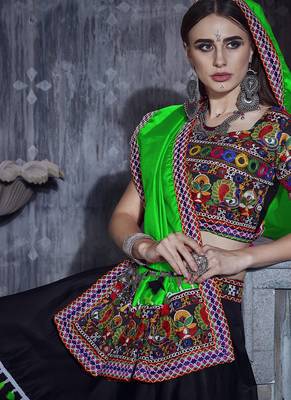 Black Art Silk Gamthi Butta Mirror Aari With Lace Work Chaniya Choli 5