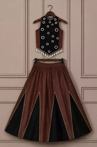 Girls brown & black chaniya choli for navratri in premium roman silk with fully flared