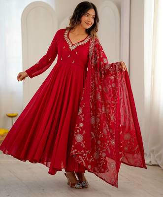 Red anarkali suit set with embroidered dupatta 1