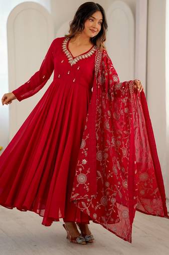 Red anarkali suit set with embroidered dupatta