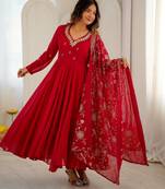 Red anarkali suit set with embroidered dupatta