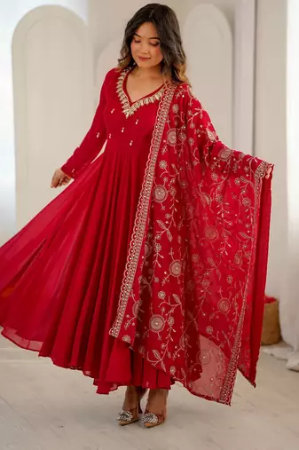 Red anarkali suit set with embroidered dupatta