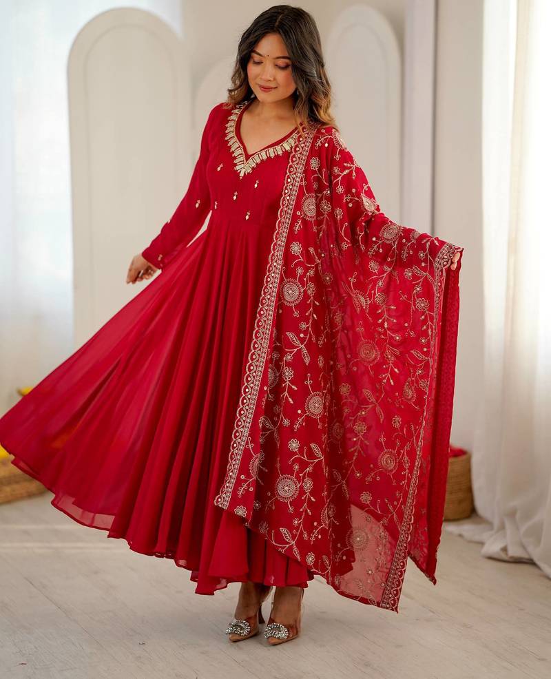 Red anarkali suit set with embroidered dupatta