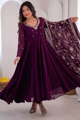 Wine anarkali suit set with embroidered dupatta