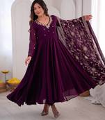 Wine anarkali suit set with embroidered dupatta