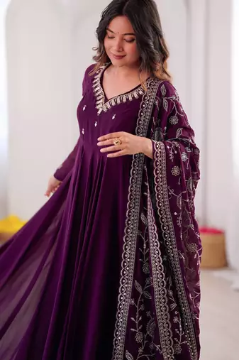 Wine anarkali suit set with embroidered dupatta