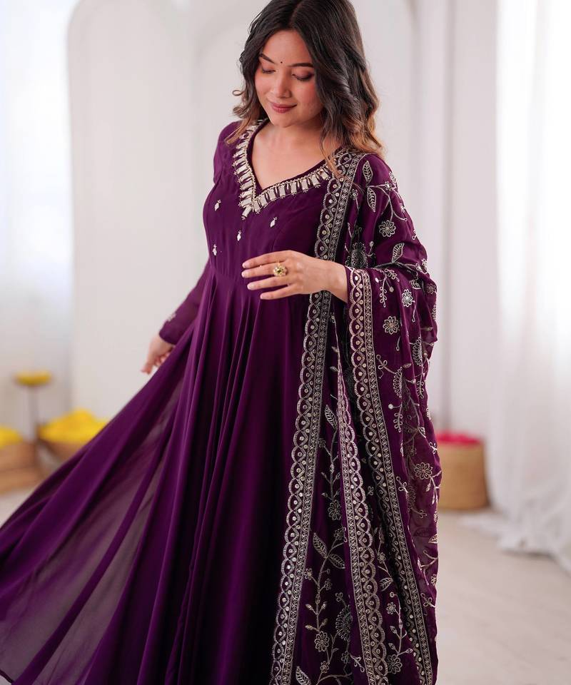 Wine anarkali suit set with embroidered dupatta