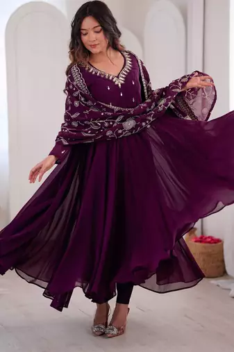 Wine anarkali suit set with embroidered dupatta