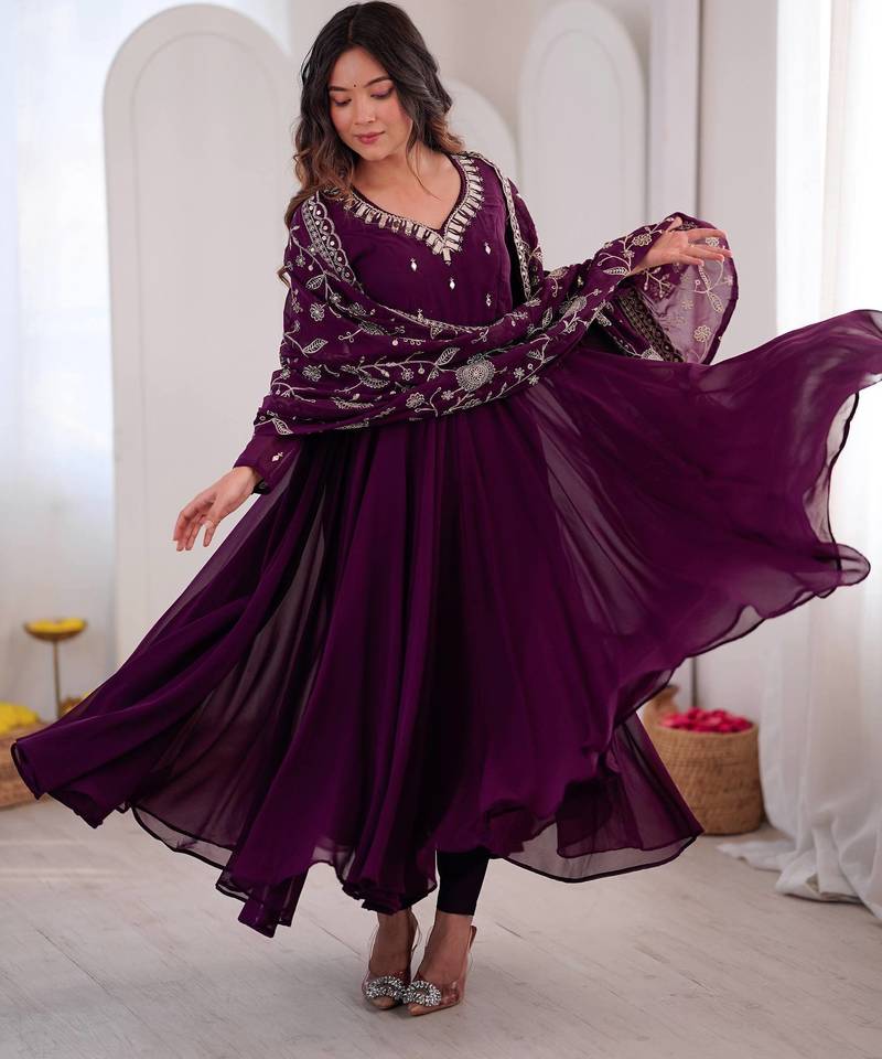 Wine anarkali suit set with embroidered dupatta